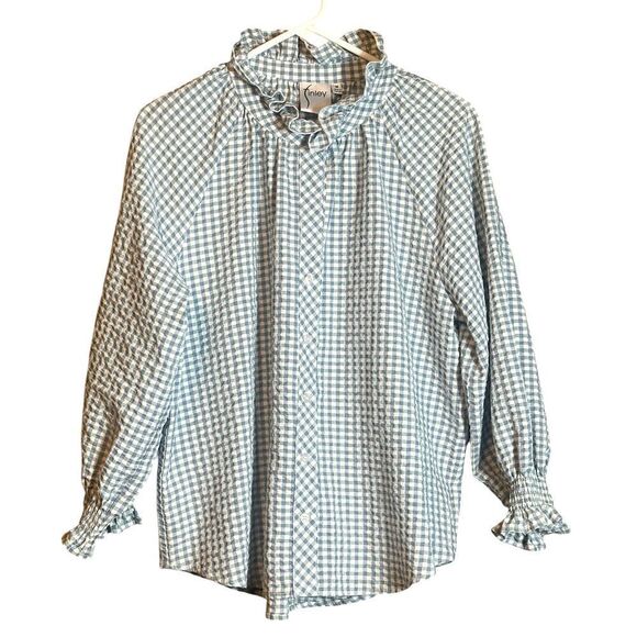 Finley Fiona Rushed Green and Blue Seersucker Button Front Blouse Size Medium 📦 - Picture 5 of 11